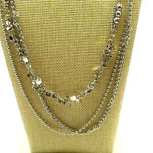 Long Multi-Layered Silver-tone Beaded Hearts Chains Endless Necklace NWOT